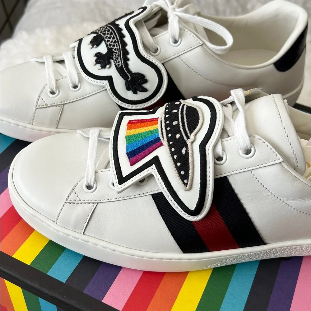 🆕 Auth Gucci Sneakers Ace Gucci 10.5 Removable Patches